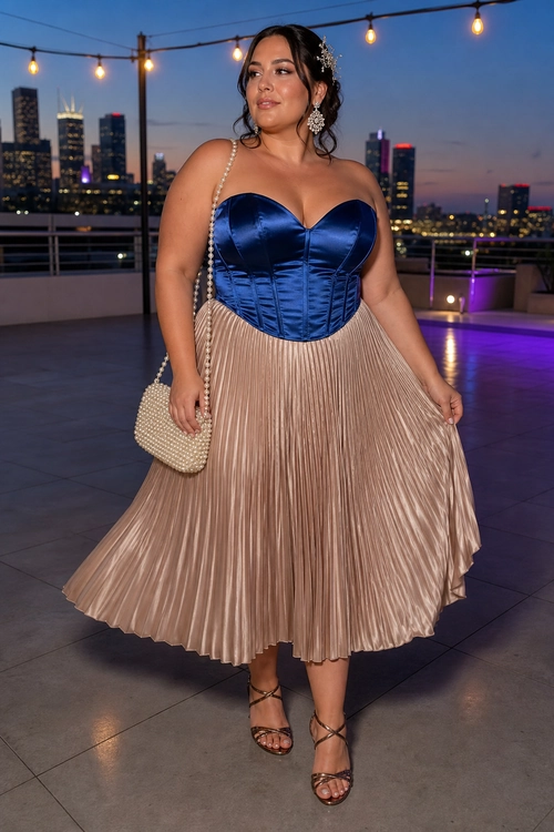A woman wears a blue satin corset top with a champagne pleated skirt, strappy heeled sandals, and a beaded shoulder bag.