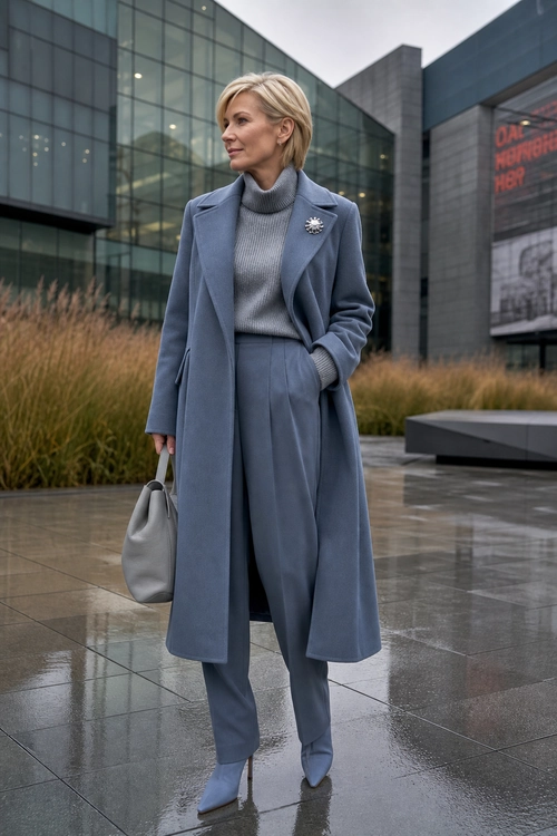 Blue Gray Tailored Coat Outfit A woman wears a blue-gray long tailored coat over a ribbed turtleneck sweater and matching trousers with pointed boots and a gray handbag.