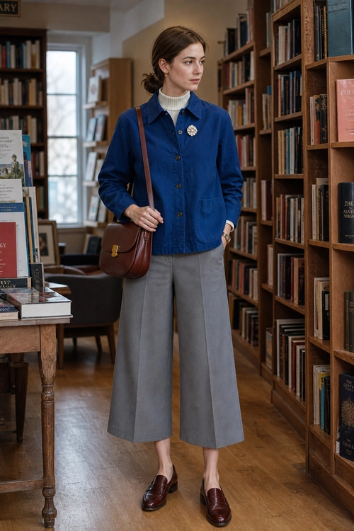 Blue Jacket and Gray Wide-Leg Trousers A woman wears a blue collared jacket over a white turtleneck with gray cropped wide-leg trousers, burgundy loafers, and a brown crossbody bag.