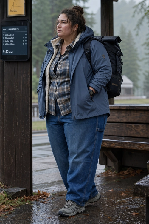 A blue hooded jacket layered over a plaid shirt with jeans, gray hiking shoes, and a black backpack.