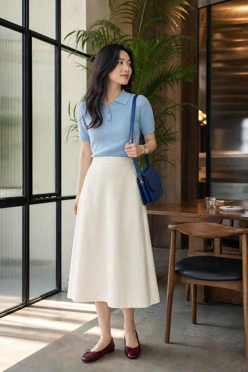 A woman wears a light blue collared knit polo with a cream midi skirt, burgundy flats, and a navy shoulder bag.