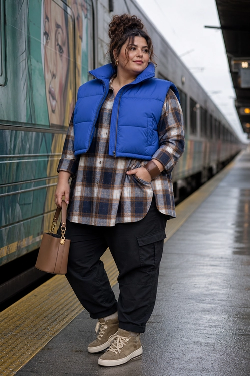 A person wearing a bright blue puffer vest over a brown and blue plaid shirt with black cargo pants, beige high-top sneakers, and a brown handbag on a train platform.
