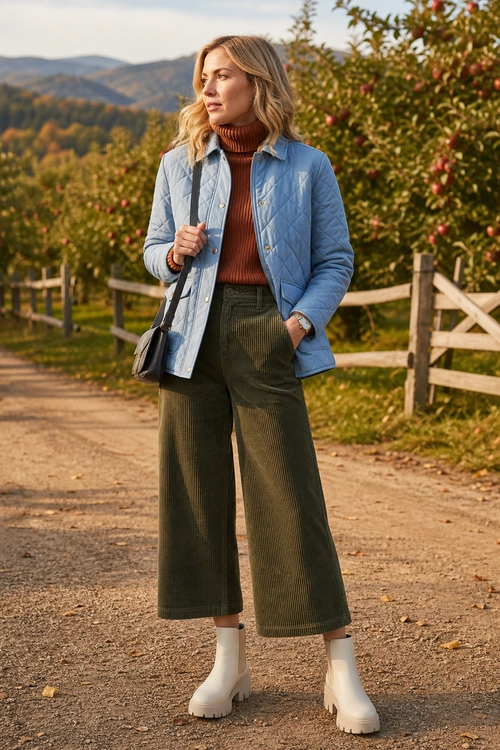 Blue Quilted Jacket and Olive Culottes Woman wearing a light blue quilted jacket over a rust turtleneck sweater with olive cropped wide-leg trousers, white ankle boots, and a black crossbody bag.