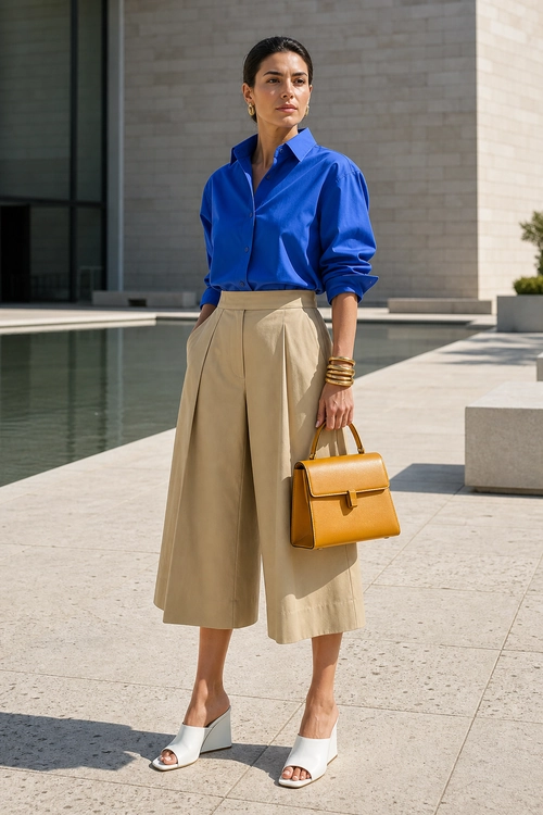 Blue Shirt and Beige Culottes Outfit A woman wears a bright blue button-up shirt with beige wide-leg culottes, white wedge sandals, gold jewelry, and a structured mustard handbag.