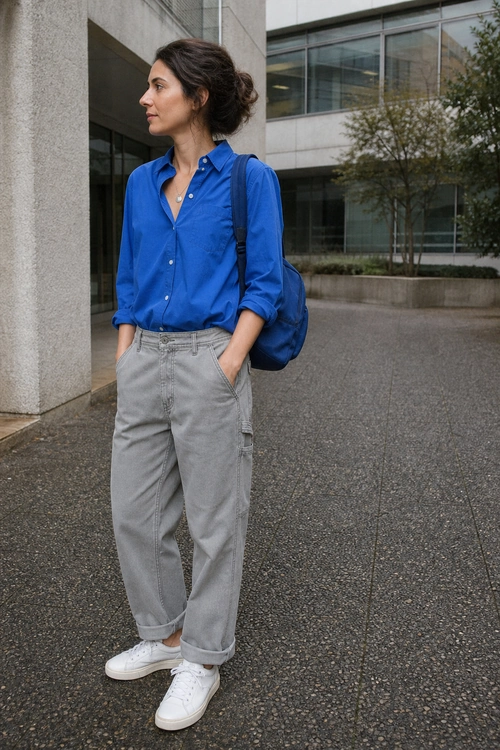 Blue Shirt and Gray Cargo Pants Outfit A woman wears a bright blue button-down shirt with gray cuffed cargo pants, white sneakers, and a blue backpack.