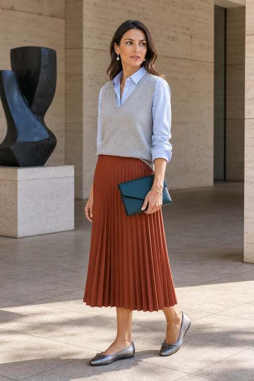 Blue Shirt and Pleated Skirt Outfit A woman wears a light blue button-down shirt, gray sweater vest, rust pleated midi skirt, dark clutch, and flat loafers.