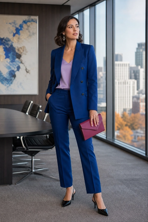 Woman wearing a royal blue blazer and trousers with a lavender V-neck top, black pointed pumps, and a burgundy clutch.