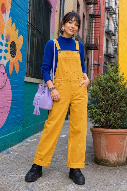 A person wears a cobalt blue turtleneck sweater with mustard yellow overalls, black platform boots, and a lavender shoulder bag.