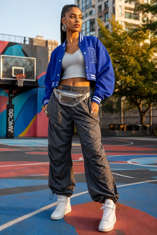 A person wears a blue varsity jacket over a cropped ribbed tank top with loose dark pants and white high-top sneakers.