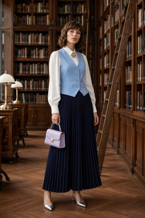Light Blue Vest and Pleated Navy Skirt Outfit A woman wears a light blue tailored vest over a white blouse with a navy pleated skirt, lavender handbag, and silver pointed pumps.