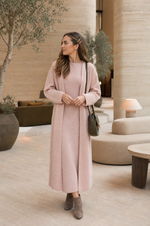 Blush Pink Knit Layered Outfit A woman wears a blush pink knit cardigan over a matching midi dress with taupe ankle boots and a dark shoulder bag.
