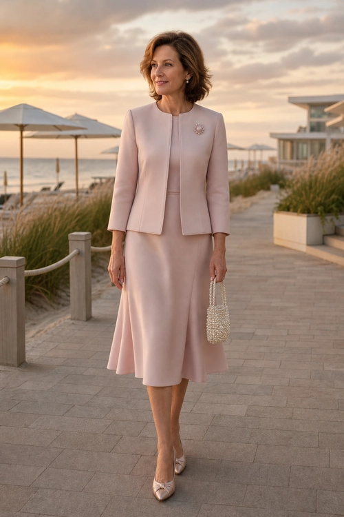 Blush Pink Skirt Suit with Beaded Clutch A woman wears a blush pink skirt suit with a brooch, pointed-toe heels, and a beaded clutch by the seaside.