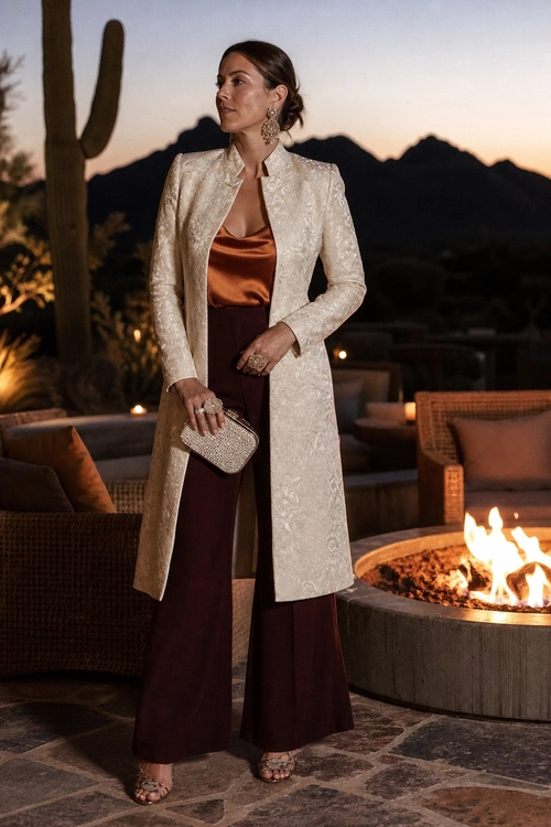 A woman wears a cream brocade long coat over a copper satin top with burgundy wide-leg trousers, embellished sandals, statement earrings, rings, and a small clutch.