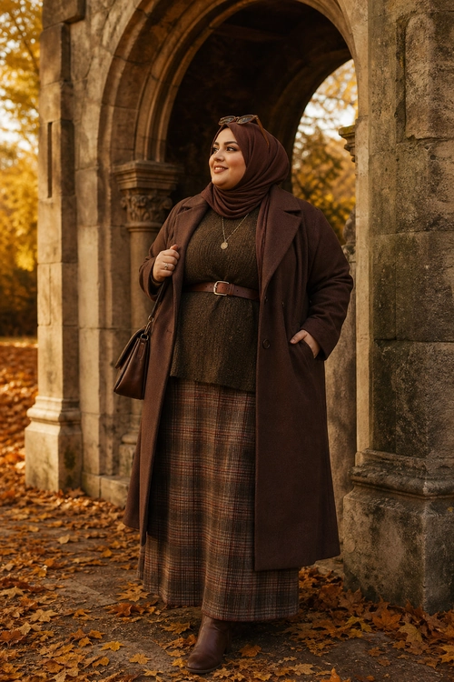Layered Brown Autumn Outfit A woman wears a brown hijab, long brown coat, belted knit sweater, plaid midi skirt, and brown ankle boots in an autumn setting.