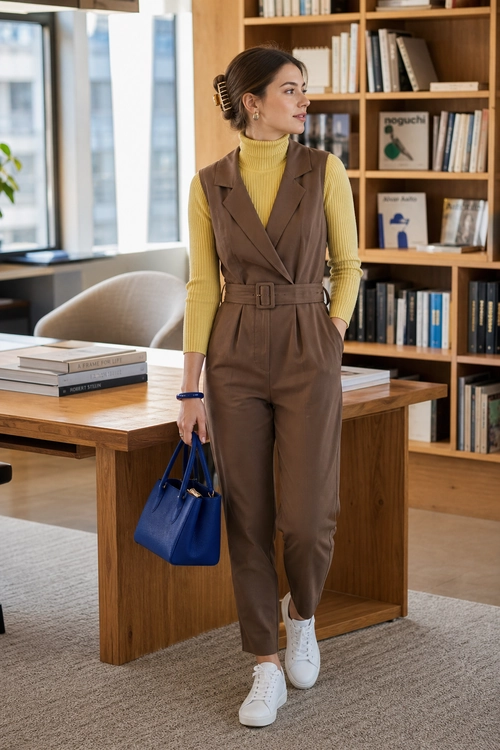 Brown Belted Jumpsuit with Mustard Turtleneck A woman wears a brown belted jumpsuit over a mustard ribbed turtleneck with white sneakers and carries a blue handbag.