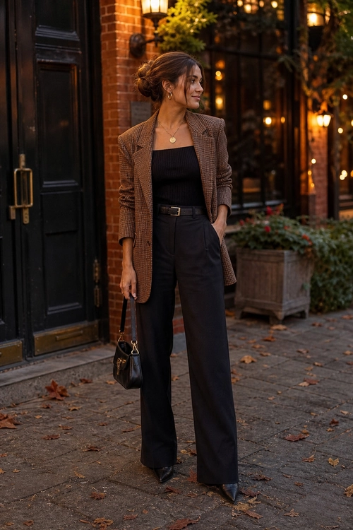 Brown Blazer and Black Wide-Leg Trousers A woman wears a brown checked blazer over a black top with high-waisted wide-leg trousers, pointed black shoes, and a small handbag.