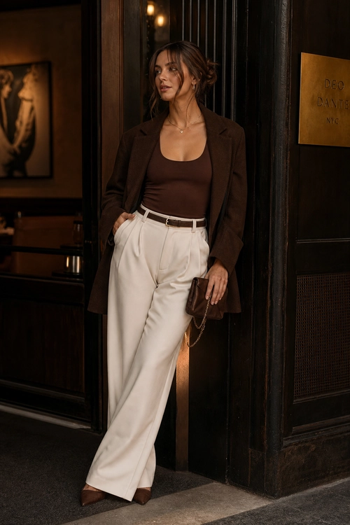Brown Blazer and Cream Trousers A woman wears a brown blazer over a brown tank top with cream pleated trousers, a brown belt, pointed shoes, and a small brown chain-strap bag.