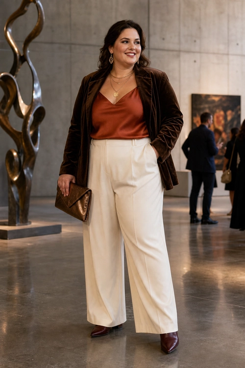 A woman wears a dark brown blazer over a rust satin camisole with cream wide-leg trousers, brown ankle boots, gold jewelry, and a brown clutch.