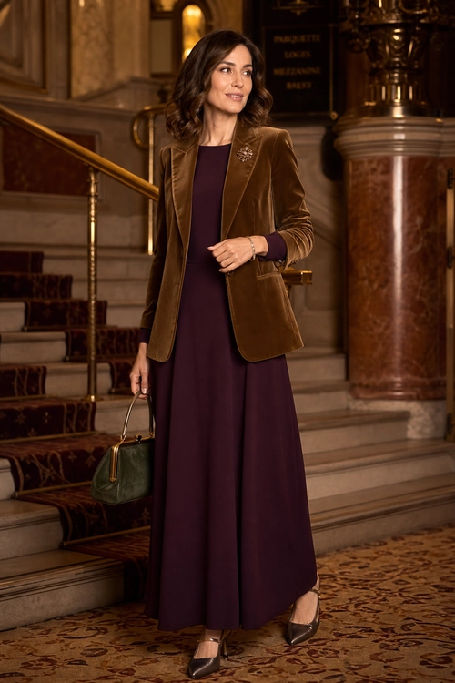Brown Blazer and Plum Maxi Dress Outfit A woman wears a brown blazer over a plum maxi dress with pointed heels and carries a dark green handbag.