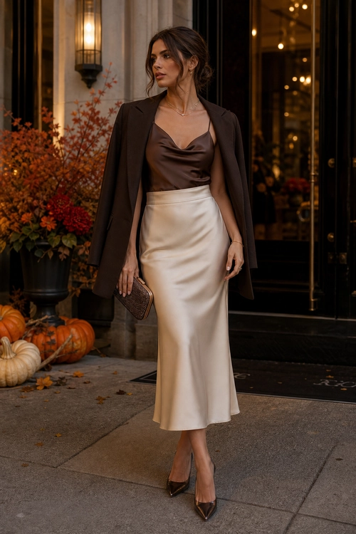 Brown Blazer and Satin Midi Skirt Outfit Woman wearing a dark brown blazer over a brown satin camisole with a cream midi skirt, pointed pumps, and a small clutch.