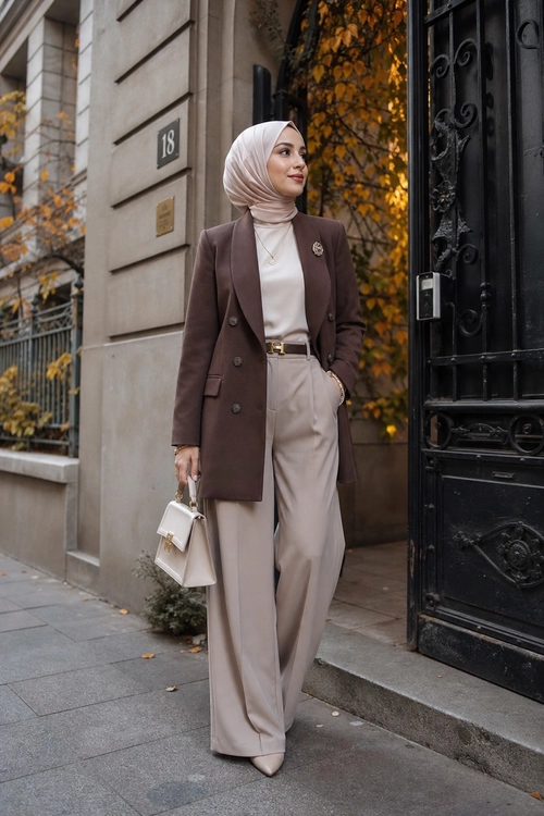 Elegant Brown Blazer and Wide-Leg Trousers A modest outfit featuring a brown double-breasted blazer, cream top, wide-leg trousers, coordinating hijab, pointed shoes, and a structured white handbag.