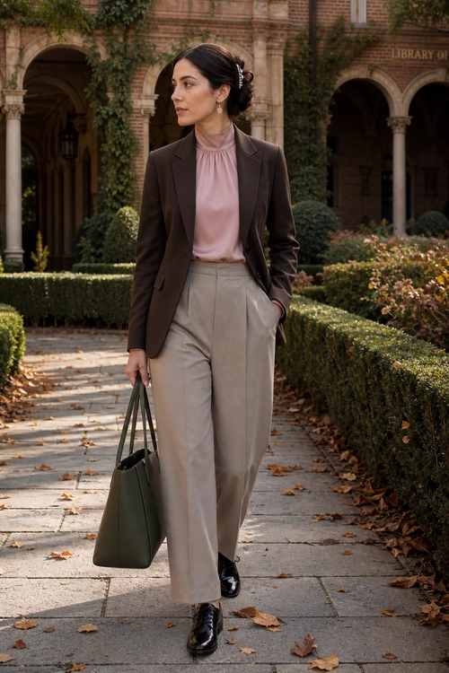 Brown Blazer and Wide-Leg Trousers A polished outfit featuring a brown blazer, mauve high-neck blouse, beige wide-leg trousers, black shoes, and a dark green tote bag.