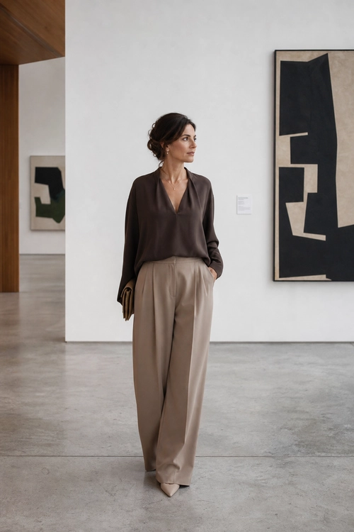 Brown Blouse and Taupe Wide-Leg Trousers A woman wears a dark brown V-neck blouse with taupe high-waisted wide-leg trousers and pointed beige shoes in a modern gallery.