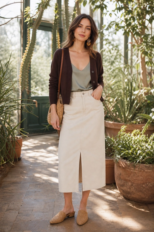 Brown Cardigan and Cream Midi Skirt Outfit A woman wears a brown cardigan over a sage green camisole with a cream midi skirt, woven shoulder bag, woven slip-on shoes, and gold earrings.