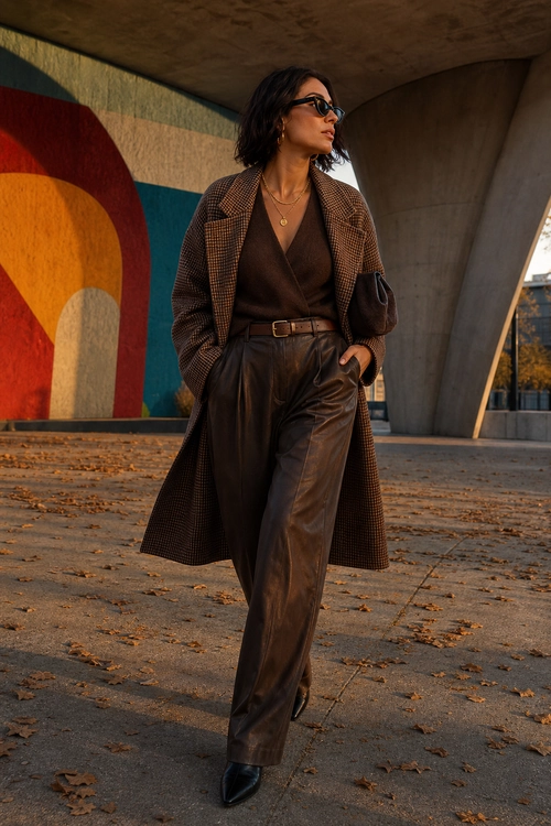 A woman wears a brown checked long coat over a dark brown top and leather trousers with black pointed shoes and sunglasses.