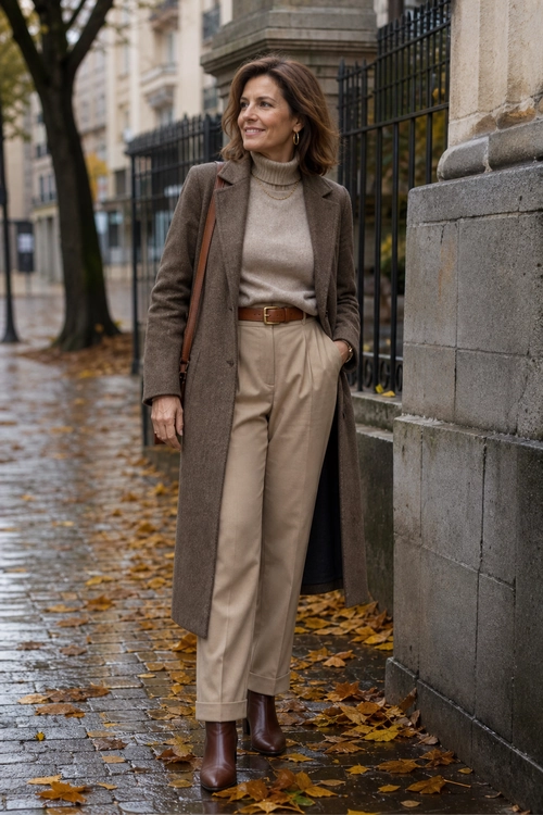 Elegant Brown Coat and Beige Trousers A woman wears a long brown coat over a beige turtleneck and high-waisted trousers with brown ankle boots on a leafy city sidewalk.