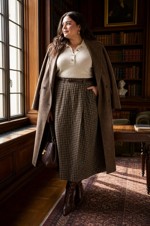 Classic Brown Coat and Checked Skirt Outfit A woman wears a long brown coat over a cream polo top and checked midi skirt with brown boots and a matching handbag.