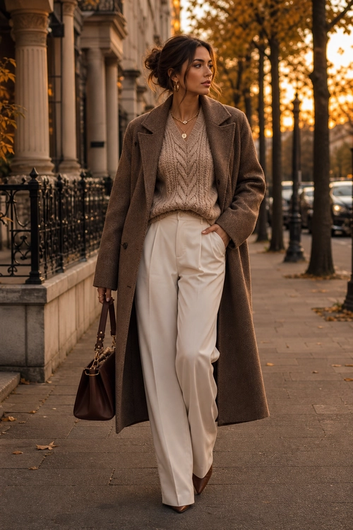 Woman wearing a long brown coat over a cream cable-knit sweater with cream wide-leg trousers and carrying a brown leather handbag.
