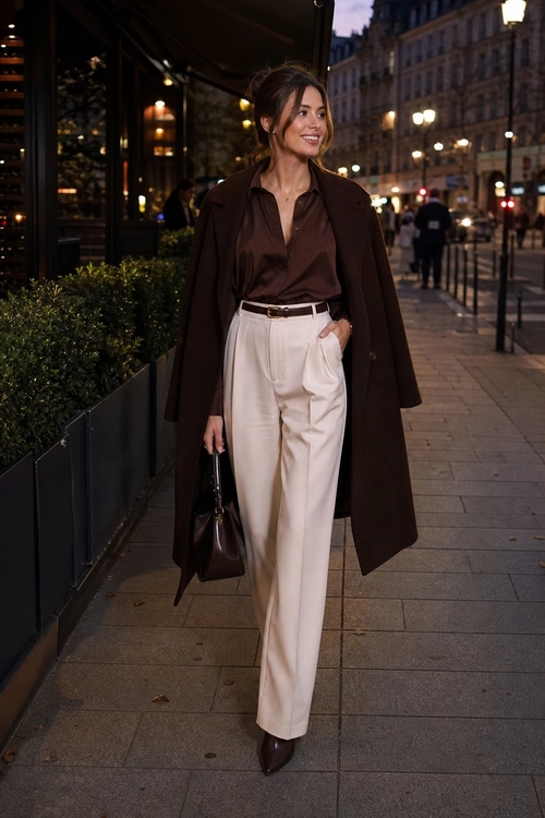 Brown Coat and Cream Trousers A woman wears a dark brown coat over a brown blouse with cream wide-leg trousers, a belt, dark pointed shoes, and a handbag.