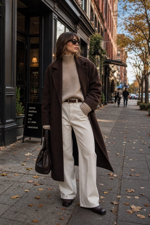 Brown Coat and Cream Turtleneck Outfit A woman wears a long brown coat over a beige ribbed turtleneck, cream wide-leg trousers, dark shoes, sunglasses, and carries a brown shoulder bag.