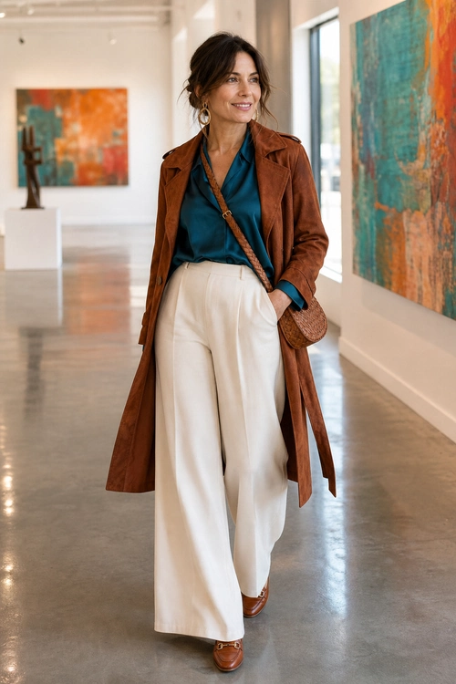 A woman wears a long brown coat over a teal blouse with cream wide-leg trousers, brown loafers, a crossbody bag, and statement earrings.