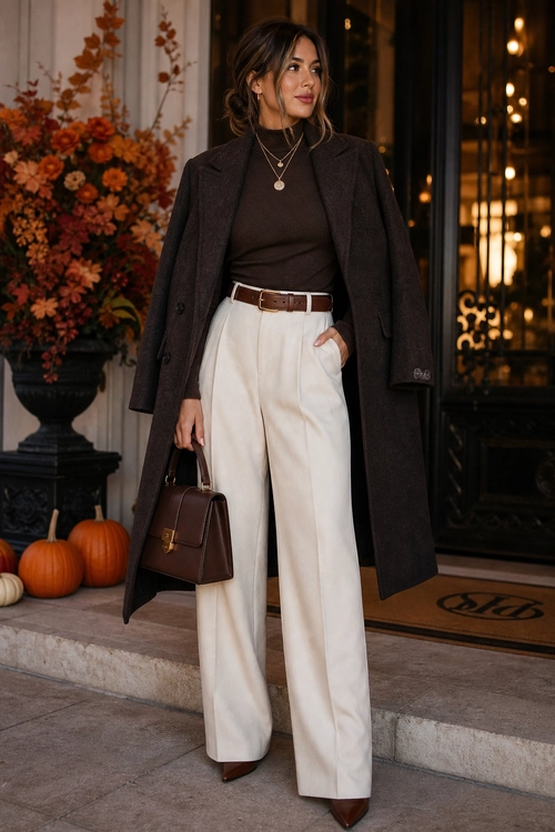 Brown Coat and Ivory Trousers Woman wearing a long brown coat over a dark brown high-neck top with ivory wide-leg trousers, a brown belt, pointed shoes, layered necklaces, and a structured handbag.