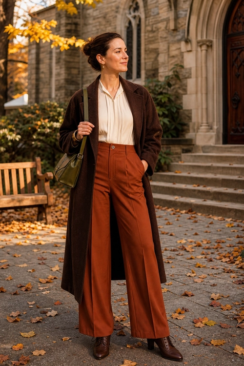 Brown Coat and Rust Trousers Outfit A woman wears a long brown coat over a cream blouse with rust wide-leg trousers, brown ankle boots, and an olive shoulder bag.
