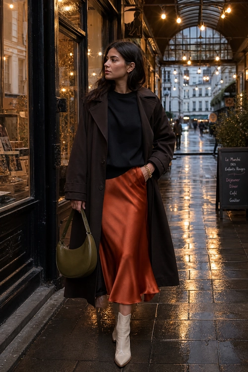 Woman wearing a dark brown long coat over a black top with a burnt orange satin midi skirt, white ankle boots, and an olive shoulder bag.