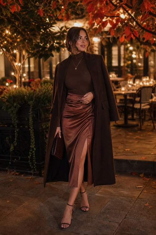 Brown Coat and Satin Skirt Outfit A woman wears a dark brown coat over a brown turtleneck and ruched satin midi skirt with a front slit and strappy heels.