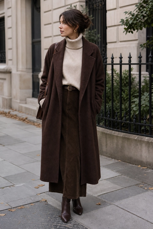 Brown Coat and Turtleneck Outfit Woman wearing a long brown coat over a cream turtleneck sweater with dark brown trousers and ankle boots.