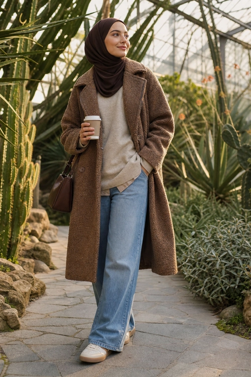 Brown Coat and Wide-Leg Jeans A woman wearing a long brown coat, beige sweater, dark brown hijab, light blue wide-leg jeans, and cream sneakers while holding a takeaway coffee cup.