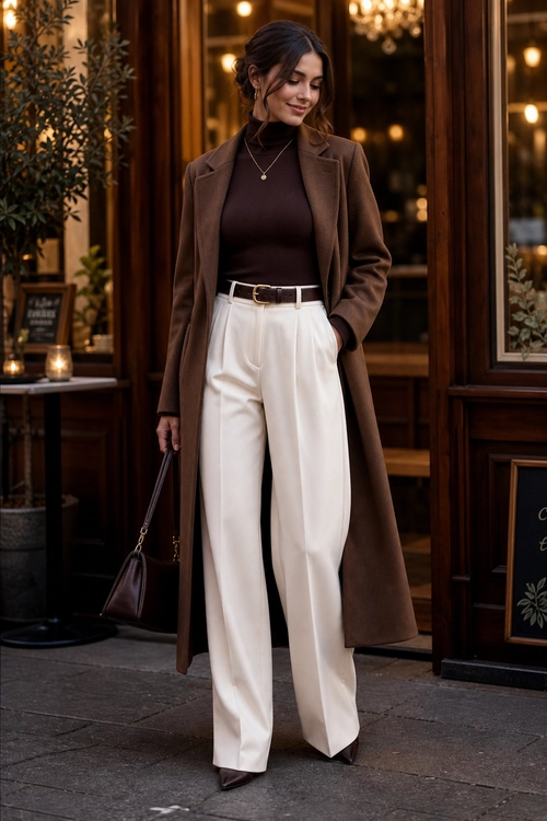 Brown Coat and Wide-Leg Trousers A woman wears a long brown coat over a dark brown turtleneck with cream wide-leg trousers, a light belt, brown shoes, and a structured handbag.