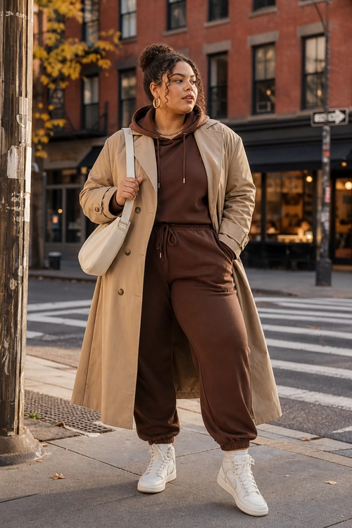 A brown hoodie and jogger outfit layered with a beige trench coat and white high-top sneakers.