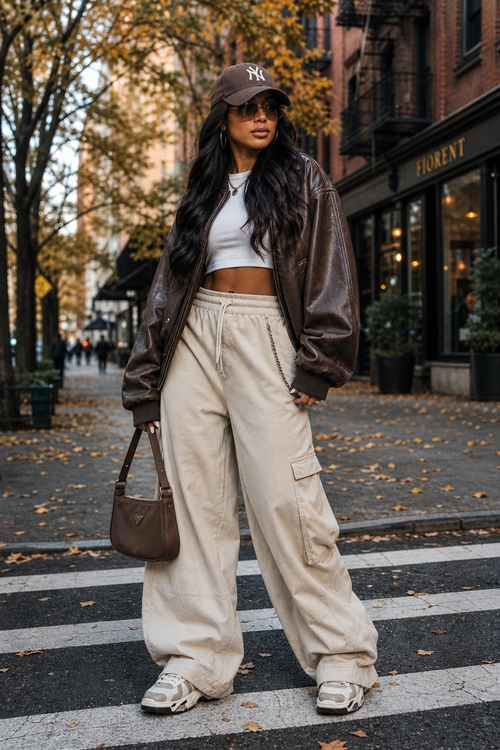 Street style outfit featuring a brown leather jacket, white cropped top, cream cargo pants, sneakers, baseball cap, sunglasses, and a brown shoulder bag.