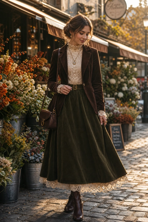 Vintage-Inspired Brown Jacket and Olive Skirt A woman wears a brown jacket over a cream lace blouse with a long olive skirt, brown boots, and a shoulder bag.
