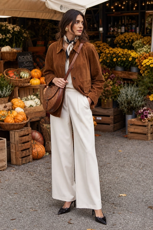 A woman wears a brown jacket, cream blouse with a neck scarf, white wide-leg trousers, black pointed shoes, and a brown crossbody bag.