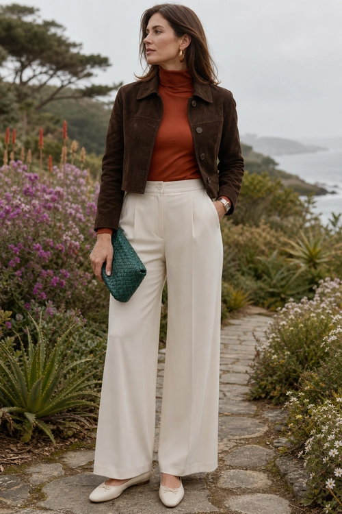 Brown Jacket and Wide-Leg Trousers A woman wears a brown jacket over a rust turtleneck with cream wide-leg trousers, cream flats, and a teal woven clutch.