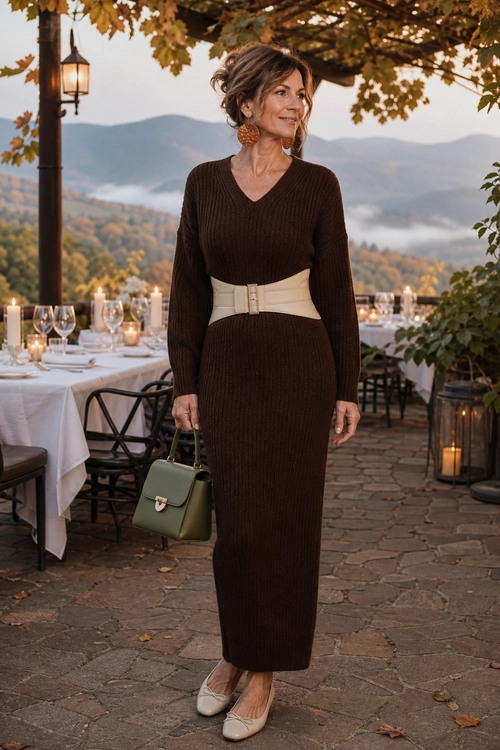 A woman wears a dark brown ribbed knit dress with a cream waist belt, cream flats, and an olive green handbag.