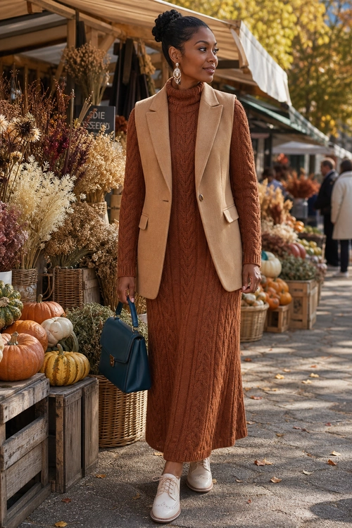 Brown Knit Dress with Tan Vest A woman wears a brown cable-knit midi dress with a tan sleeveless tailored vest, white sneakers, and a dark teal handbag at an outdoor market.