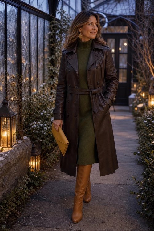 Woman wearing a belted brown leather coat over an olive green turtleneck dress with tan boots and a mustard clutch.